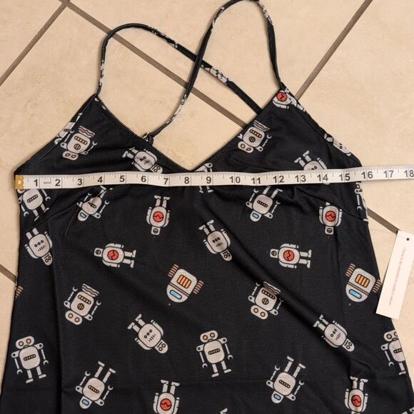 NWT ModCloth Robot Print Nightgown Dark Navy blue w black lace trim size S - Picture 6 of 10